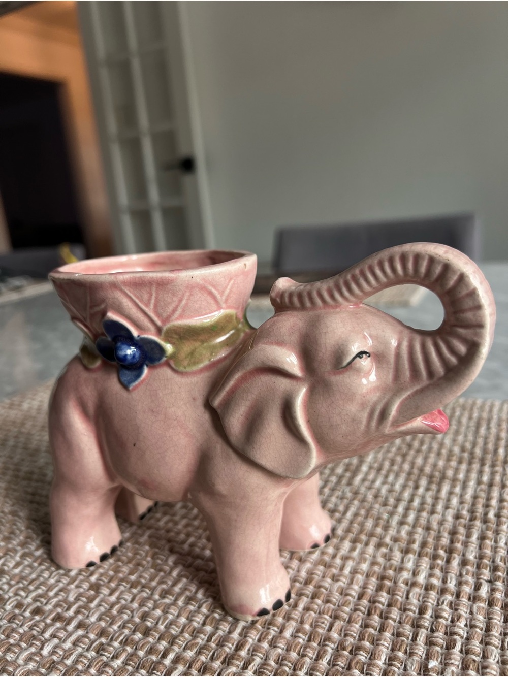 Vintage Pink Ceramic Elephant Planter with Floral Accent